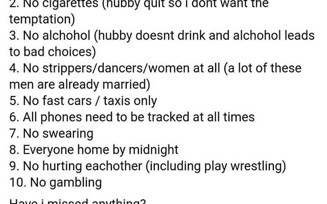 A Woman’s Insane List of Rules for Her Husband at a Bachelor Party Is Going Viral